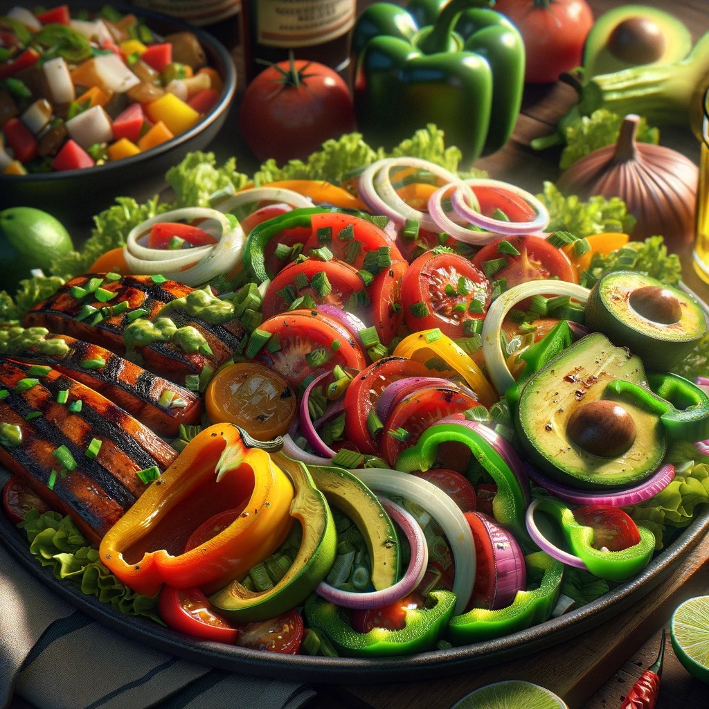 image depicting two Mexican dishes. The first dish is the 'Ensalada Mexicana', featuring a colorful mix of lettuce, tomatoes, bell peppers, onions, and avocados, all topped with a tangy lime vinaigrette. The second dish is 'Grilled Vegetable Fajitas', consisting of marinated grilled vegetables like bell peppers, onions, zucchini, and mushrooms, served sizzling hot. The focus is on the vibrant colors and textures of the fresh produce, showcasing the healthy and flavorful aspect of these dishes.